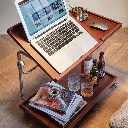 Contemporary Retro Rectangular Rubberwood Iron Movable Adjustable End Table 2-Tier For Living Room
