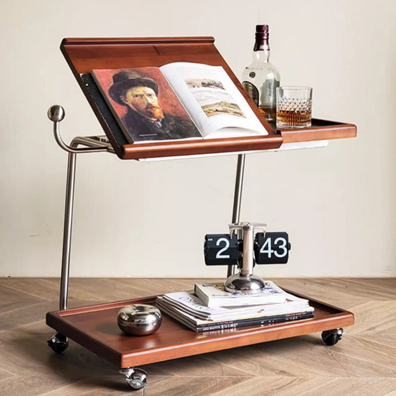 Contemporary Retro Rectangular Rubberwood Iron Movable Adjustable End Table 2-Tier For Living Room