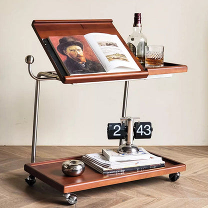 Contemporary Retro Rectangular Rubberwood Iron Movable Adjustable End Table 2-Tier For Living Room
