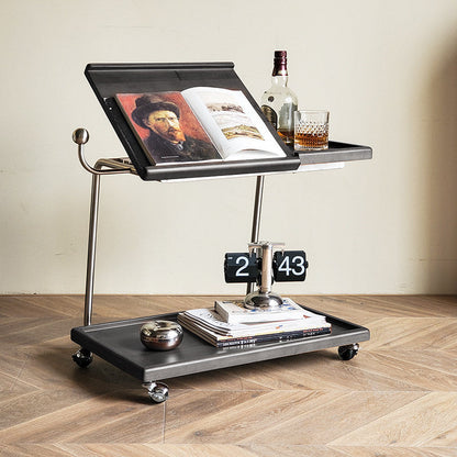Contemporary Retro Rectangular Rubberwood Iron Movable Adjustable End Table 2-Tier For Living Room