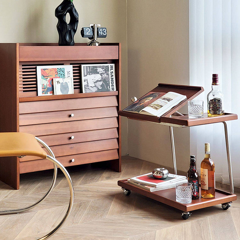 Contemporary Retro Rectangular Rubberwood Iron Movable Adjustable End Table 2-Tier For Living Room