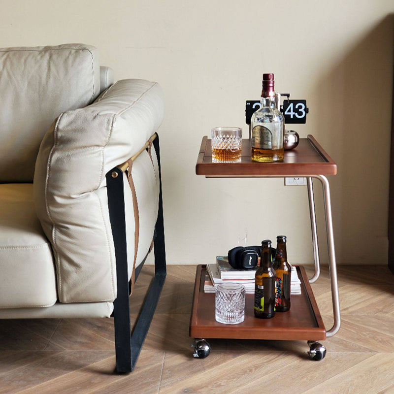 Contemporary Retro Rectangular Rubberwood Iron Movable Adjustable End Table 2-Tier For Living Room