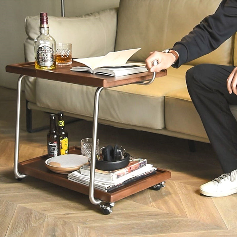 Contemporary Retro Rectangular Rubberwood Iron Movable Adjustable End Table 2-Tier For Living Room