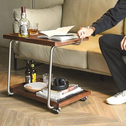 Contemporary Retro Rectangular Rubberwood Iron Movable Adjustable End Table 2-Tier For Living Room