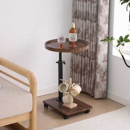 Modern Minimalist MDF Carbon Steel Rectangular & Round Movable Liftable Side Table 2-Tier For Living Room
