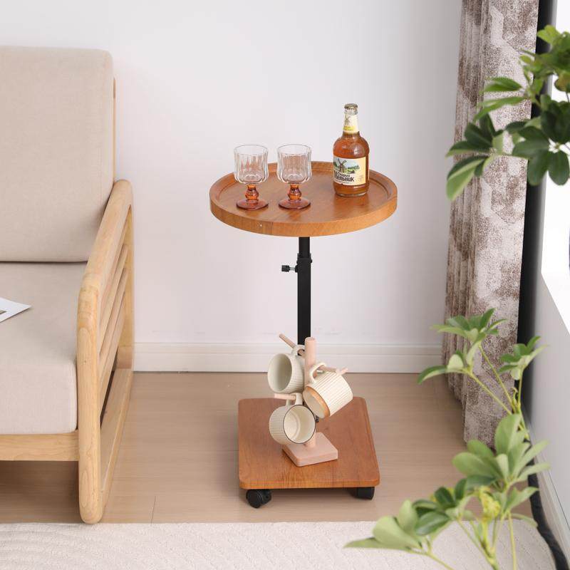 Modern Minimalist MDF Carbon Steel Rectangular & Round Movable Liftable Side Table 2-Tier For Living Room