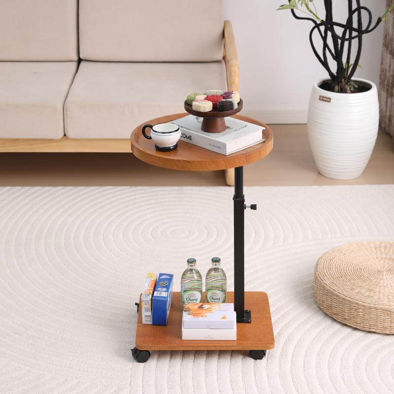 Modern Minimalist MDF Carbon Steel Rectangular & Round Movable Liftable Side Table 2-Tier For Living Room