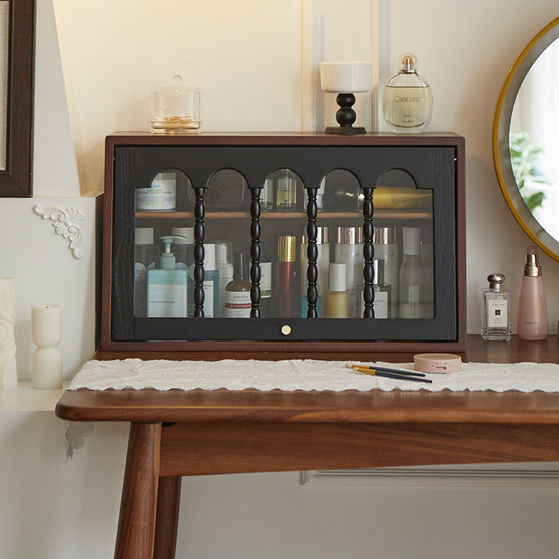 Traditional French Trapezoidal Ash Wood Glass Flip Cover Design Desk Storage Cabinet 2-Layer For Bedroom