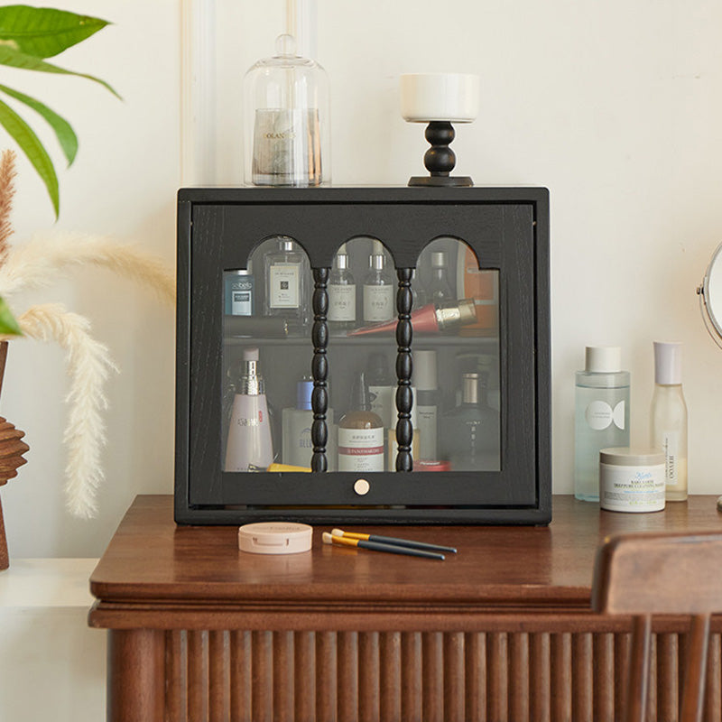 Traditional French Trapezoidal Ash Wood Glass Flip Cover Design Desk Storage Cabinet 2-Layer For Bedroom