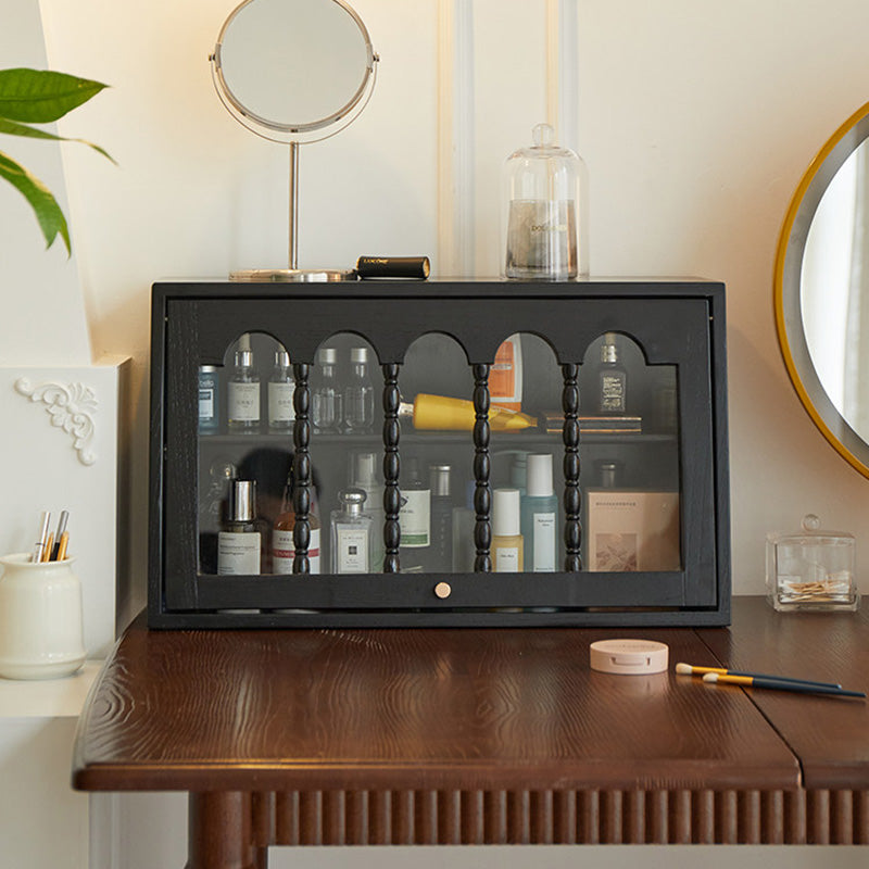 Traditional French Trapezoidal Ash Wood Glass Flip Cover Design Desk Storage Cabinet 2-Layer For Bedroom
