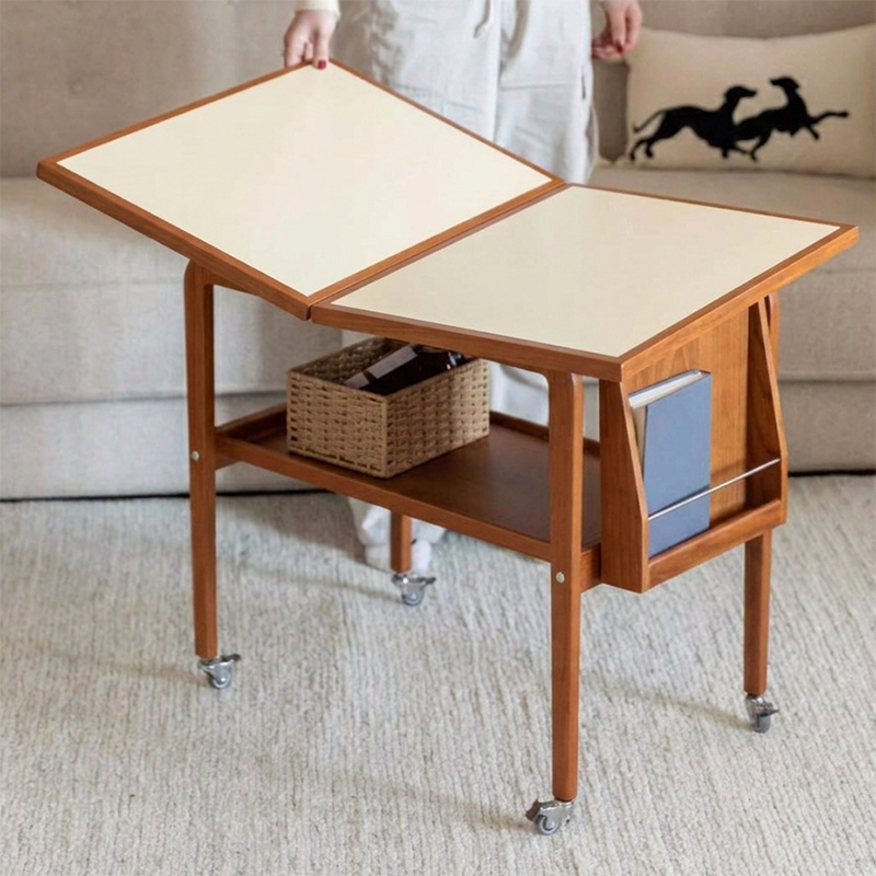 Contemporary Scandinavian Rectangular Cherry Wood Plywood Stainless Steel Movable Extendable Coffee Table 2-Tier For Living Room