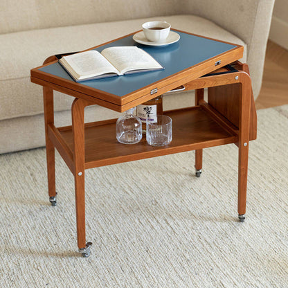 Contemporary Scandinavian Rectangular Cherry Wood Plywood Stainless Steel Movable Extendable Coffee Table 2-Tier For Living Room