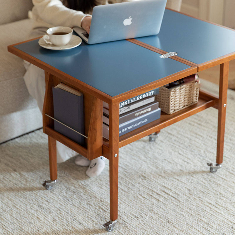 Contemporary Scandinavian Rectangular Cherry Wood Plywood Stainless Steel Movable Extendable Coffee Table 2-Tier For Living Room
