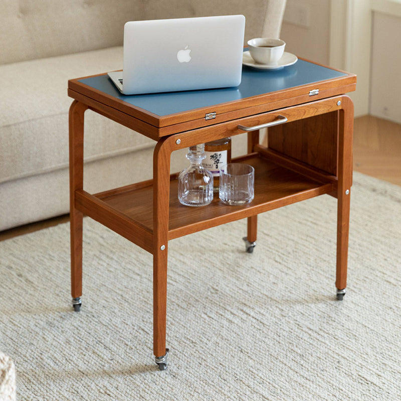 Contemporary Scandinavian Rectangular Cherry Wood Plywood Stainless Steel Movable Extendable Coffee Table 2-Tier For Living Room