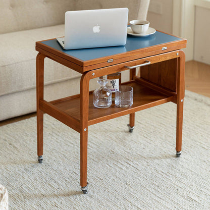 Contemporary Scandinavian Rectangular Cherry Wood Plywood Stainless Steel Movable Extendable Coffee Table 2-Tier For Living Room
