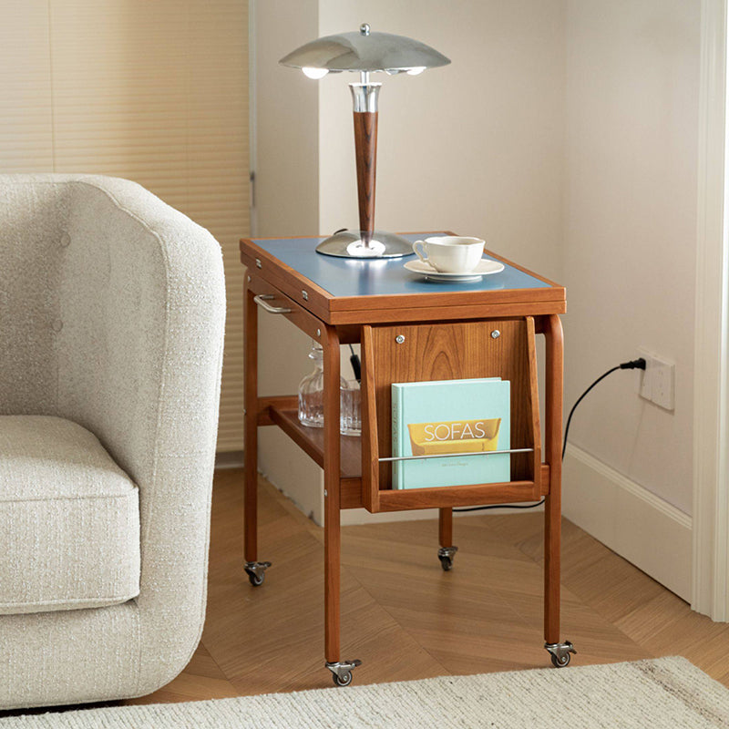 Contemporary Scandinavian Rectangular Cherry Wood Plywood Stainless Steel Movable Extendable Coffee Table 2-Tier For Living Room