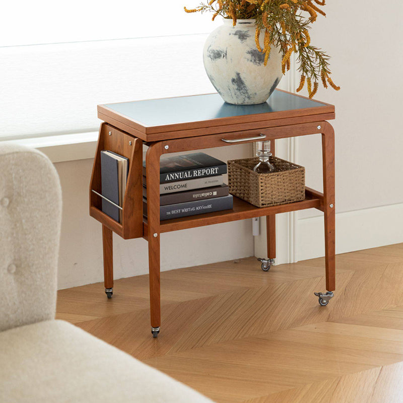 Contemporary Scandinavian Rectangular Cherry Wood Plywood Stainless Steel Movable Extendable Coffee Table 2-Tier For Living Room