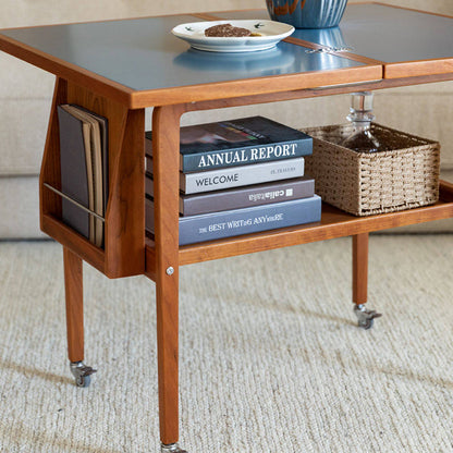 Contemporary Scandinavian Rectangular Cherry Wood Plywood Stainless Steel Movable Extendable Coffee Table 2-Tier For Living Room