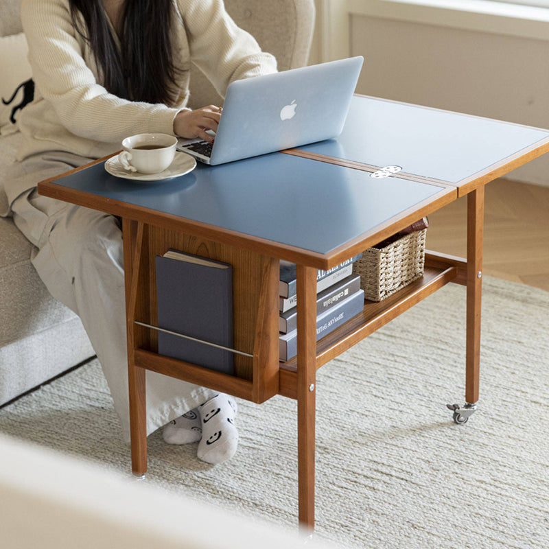 Contemporary Scandinavian Rectangular Cherry Wood Plywood Stainless Steel Movable Extendable Coffee Table 2-Tier For Living Room