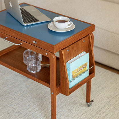 Contemporary Scandinavian Rectangular Cherry Wood Plywood Stainless Steel Movable Extendable Coffee Table 2-Tier For Living Room