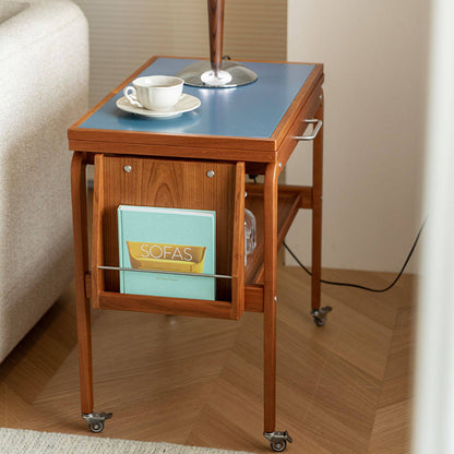 Contemporary Scandinavian Rectangular Cherry Wood Plywood Stainless Steel Movable Extendable Coffee Table 2-Tier For Living Room