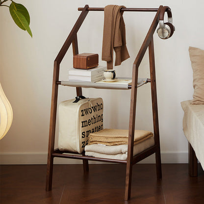 Traditional Japanese Walnut Wood Tech Fabric Geometric Line Storage Shelf 2-Tier For Entryway & Hallway