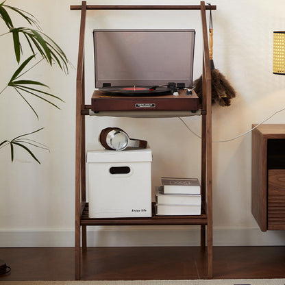 Traditional Japanese Walnut Wood Tech Fabric Geometric Line Storage Shelf 2-Tier For Entryway & Hallway
