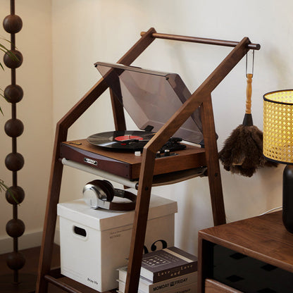 Traditional Japanese Walnut Wood Tech Fabric Geometric Line Storage Shelf 2-Tier For Entryway & Hallway