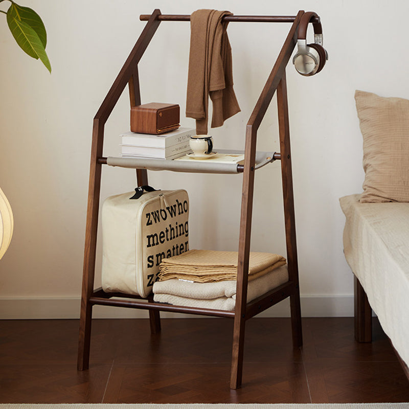 Traditional Japanese Walnut Wood Tech Fabric Geometric Line Storage Shelf 2-Tier For Entryway & Hallway