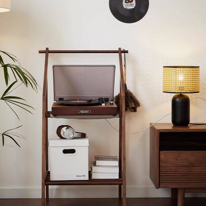 Traditional Japanese Walnut Wood Tech Fabric Geometric Line Storage Shelf 2-Tier For Entryway & Hallway