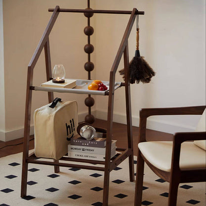 Traditional Japanese Walnut Wood Tech Fabric Geometric Line Storage Shelf 2-Tier For Entryway & Hallway