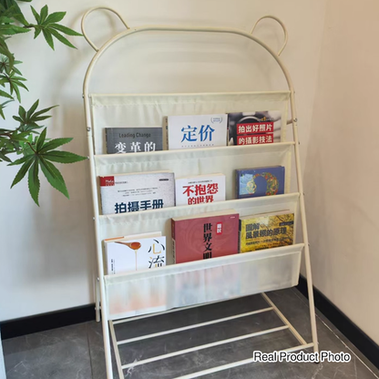 Modern Simplicity Iron Polyester Fabric Cartoon Line Bear Kids Lightweight Bookshelf 4-Tier For Study