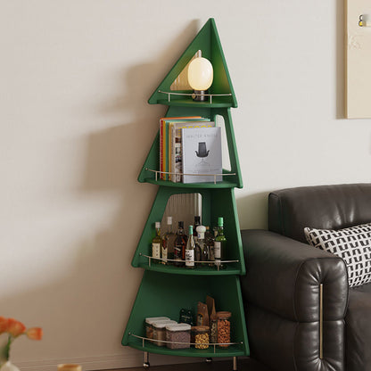 Contemporary Creative Christmas Tree Solid Wood Stainless Steel Space-Saving Corner Storage Shelf 4-Layer For Living Room & Study