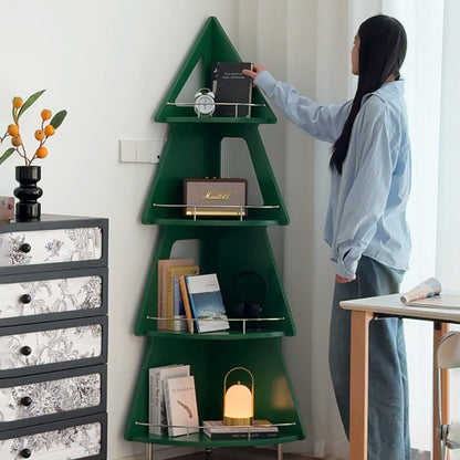 Contemporary Creative Christmas Tree Solid Wood Stainless Steel Space-Saving Corner Storage Shelf 4-Layer For Living Room & Study
