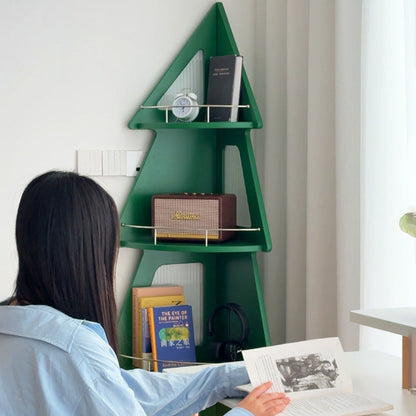 Contemporary Creative Christmas Tree Solid Wood Stainless Steel Space-Saving Corner Storage Shelf 4-Layer For Living Room & Study