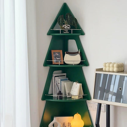 Contemporary Creative Christmas Tree Solid Wood Stainless Steel Space-Saving Corner Storage Shelf 4-Layer For Living Room & Study
