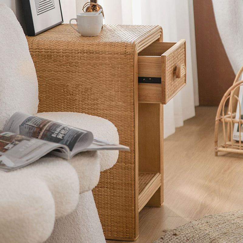 Traditional Rustic Pine Wood Plywood Rattan Weaving Rectangular Lightweight Nightstand 1-Drawer For Bedroom