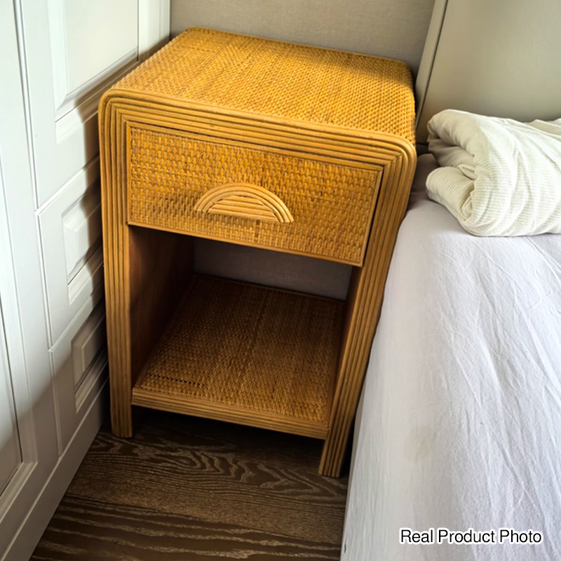 Traditional Rustic Pine Wood Plywood Rattan Weaving Rectangular Lightweight Nightstand 1-Drawer For Bedroom