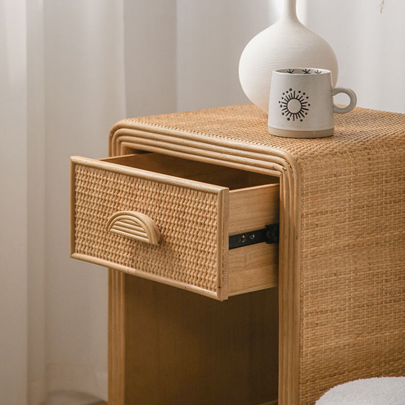 Traditional Rustic Pine Wood Plywood Rattan Weaving Rectangular Lightweight Nightstand 1-Drawer For Bedroom