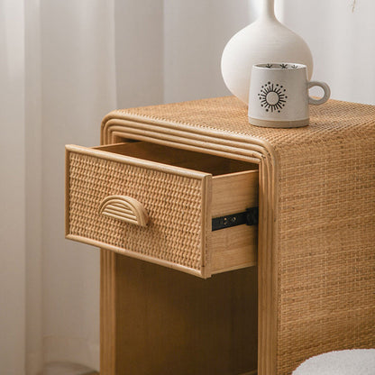 Traditional Rustic Pine Wood Plywood Rattan Weaving Rectangular Lightweight Nightstand 1-Drawer For Bedroom
