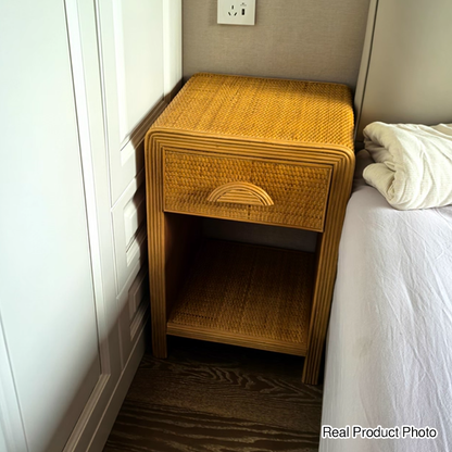 Traditional Rustic Pine Wood Plywood Rattan Weaving Rectangular Lightweight Nightstand 1-Drawer For Bedroom
