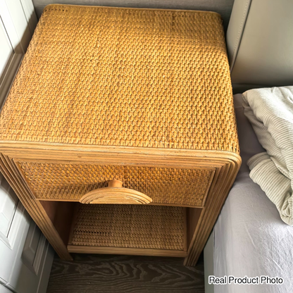 Traditional Rustic Pine Wood Plywood Rattan Weaving Rectangular Lightweight Nightstand 1-Drawer For Bedroom