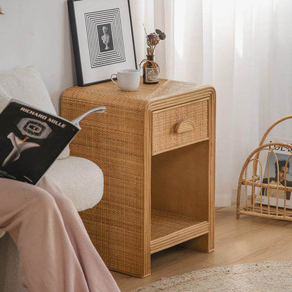 Traditional Rustic Pine Wood Plywood Rattan Weaving Rectangular Lightweight Nightstand 1-Drawer For Bedroom