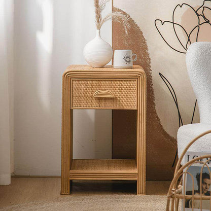 Traditional Rustic Pine Wood Plywood Rattan Weaving Rectangular Lightweight Nightstand 1-Drawer For Bedroom