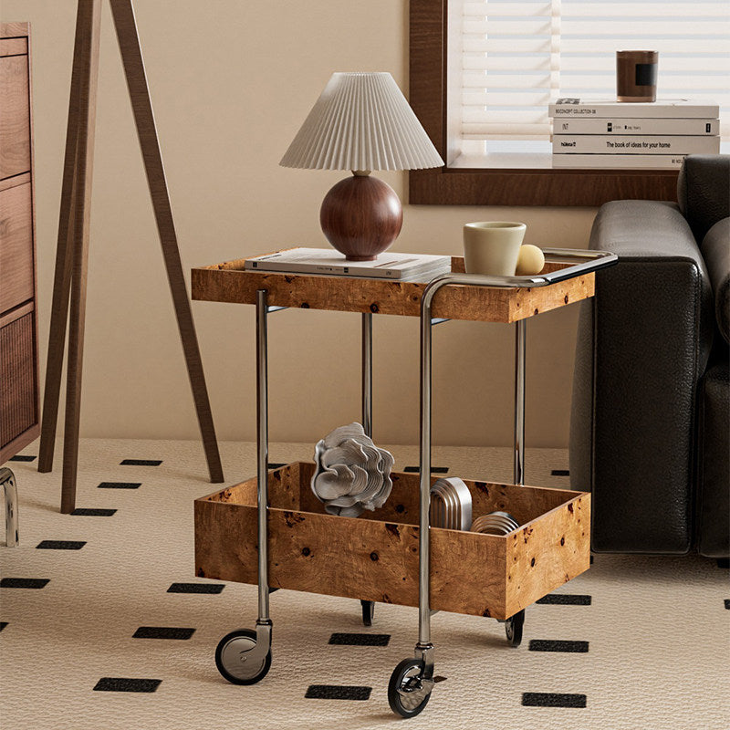 Contemporary Scandinavian Rectangular Rubberwood Stainless Steel Movable End Table 2-Tier For Living Room