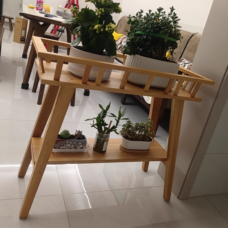 Traditional Rustic Pine Wood Trapezoidal Lightweight Plant Storage Shelf 2-Layer For Garden