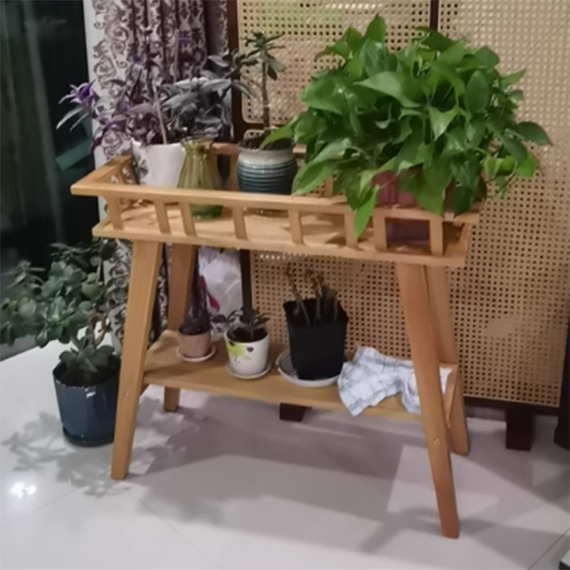 Traditional Rustic Pine Wood Trapezoidal Lightweight Plant Storage Shelf 2-Layer For Garden