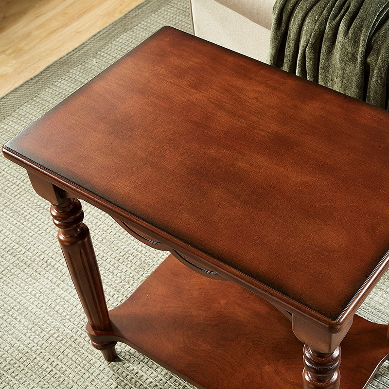 Traditional Chinese Carved Wavy Edge Rectangular MDF Rubberwood End Table 2-Tier For Living Room