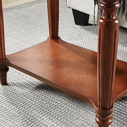 Traditional Chinese Carved Wavy Edge Rectangular MDF Rubberwood End Table 2-Tier For Living Room
