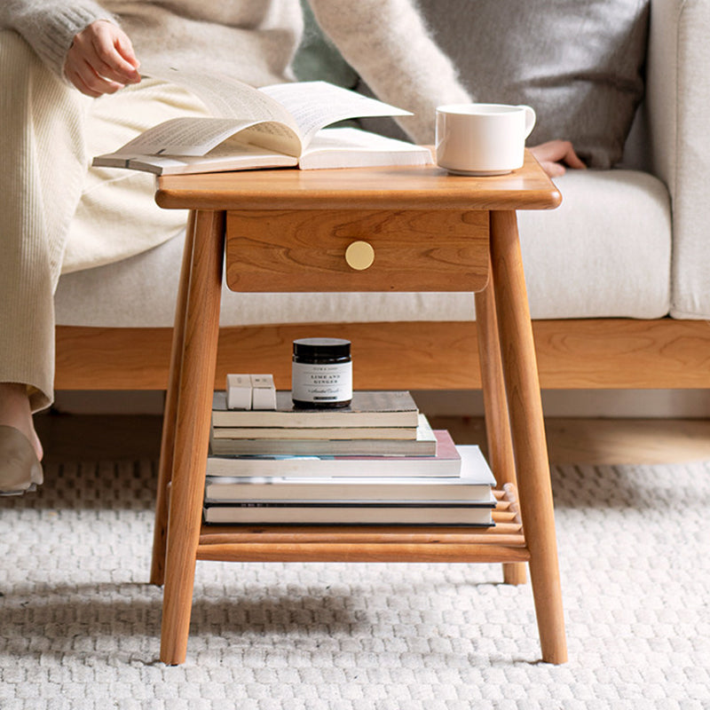 Traditional Rustic Cherry Wood Paulownia Wood Trapezoidal Sturdy Side Table 1-Drawer For Living Room & Bedroom
